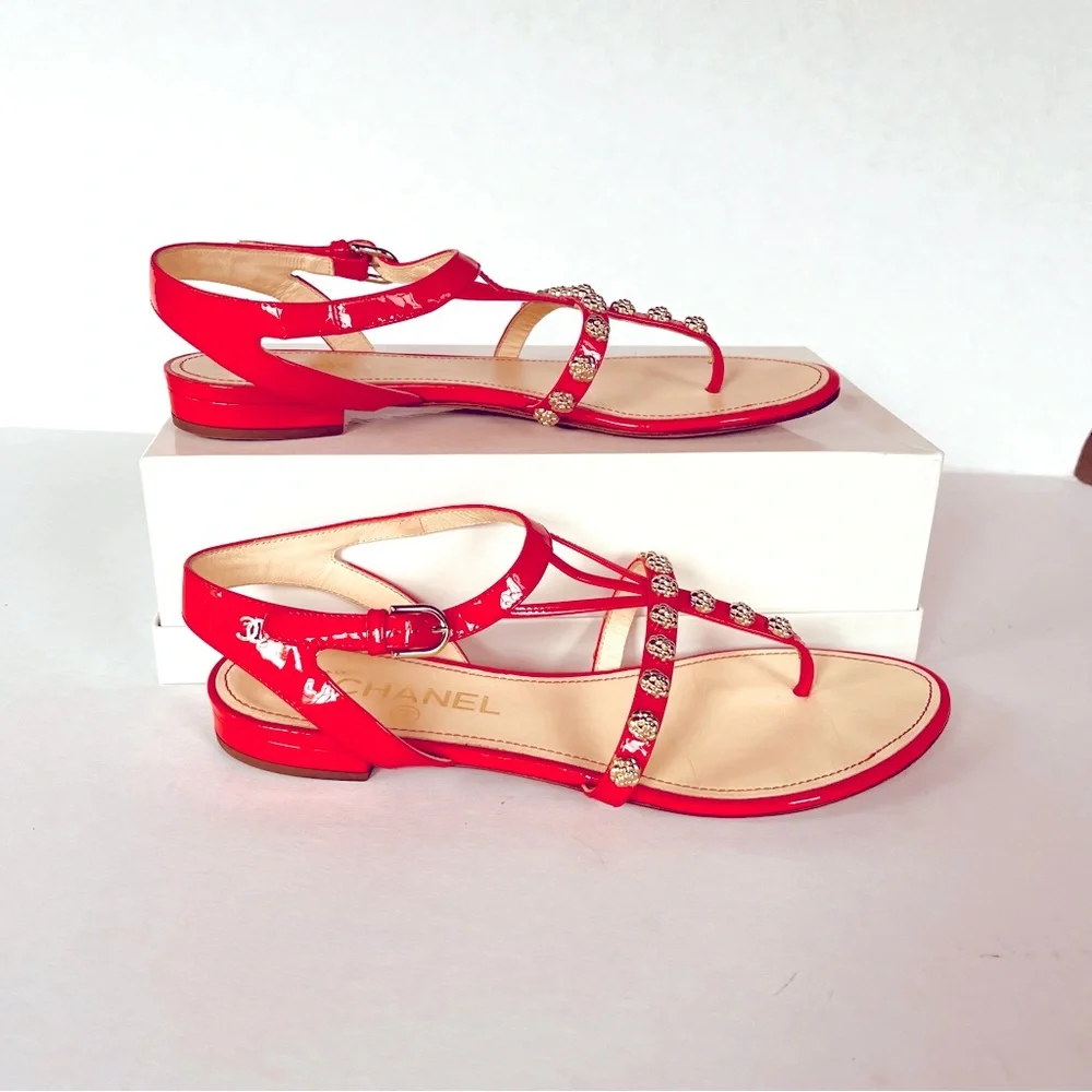 CHANEL coral red gold camellia studded flat sandals 38